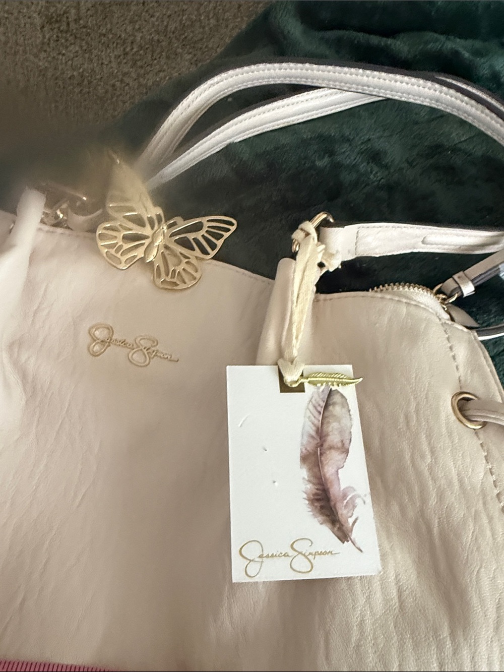 Jessica Simpson Cream Tote with Gold Butterfly Charm - Picture 3 of 8
